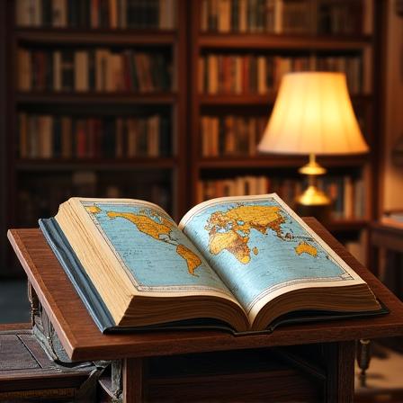 Rare atlas displayed on a wooden book stand